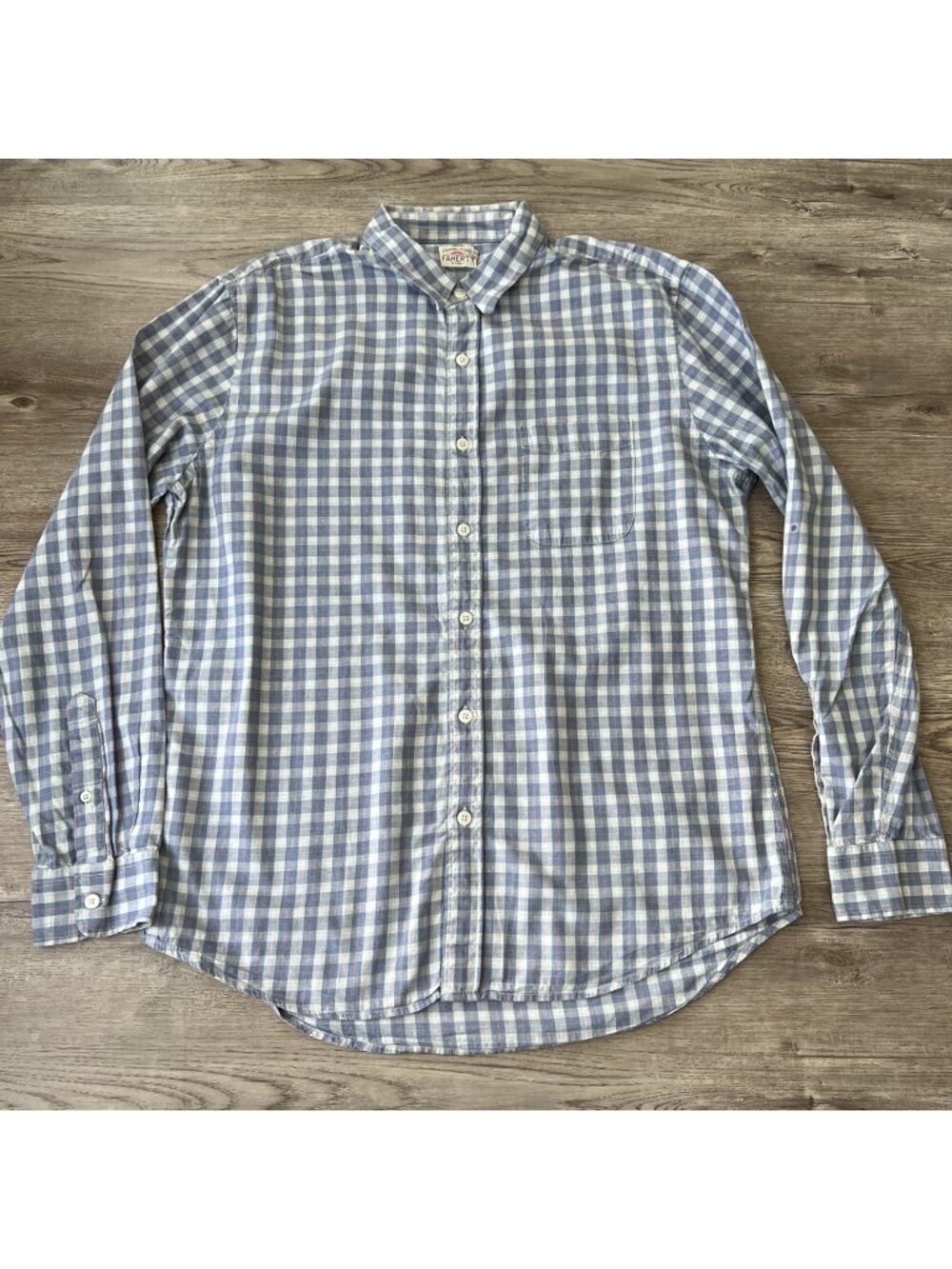 Faherty Gingham Plaid Button Up Shirt Mens L Blue Long Sleeve Coastal Preppy